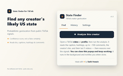 State Finder for TikTok :: Estimate a TikTok creator's likely US state from public signals (bio, captions, comments) using your own MiMo AI key.
