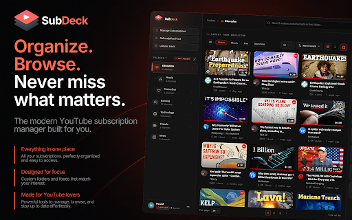 SubDeck: YouTube Subscription Manager :: Organize YouTube subscriptions into folders and browse their uploads in a custom feed or multi-column deck.