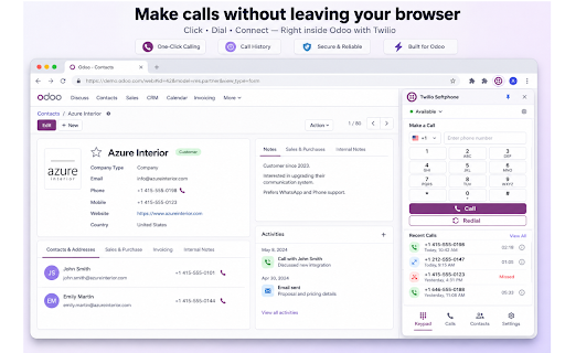 Twilio Odoo Softphone – Contacts, Click-to-Call & Auto Dialer :: Twilio softphone for Odoo CRM — sync contacts, click-to-call, auto dialer, SMS, and call history.