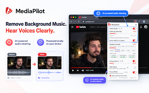 MediaPilot – AI Music Remover, Speed & Focus Mode :: Remove music or noise with local AI — playback speed, Focus Mode, Volume Boost, Hide Video, Auto Scroll. Distraction-free.