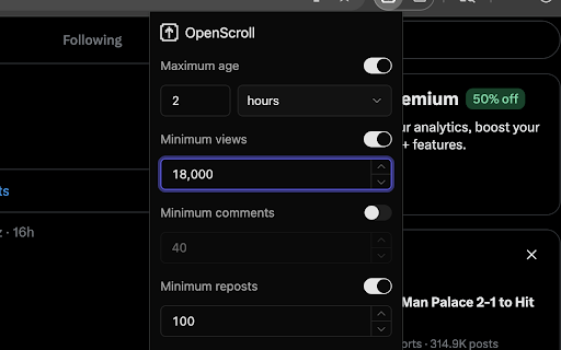 OpenScroll :: Filter your X timeline by tweet age and engagement. Hide old posts and low-engagement content to focus on what matters.