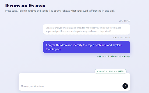 TokenTrim :: Compress your prompts before sending. Same answer, fewer tokens. Runs locally.