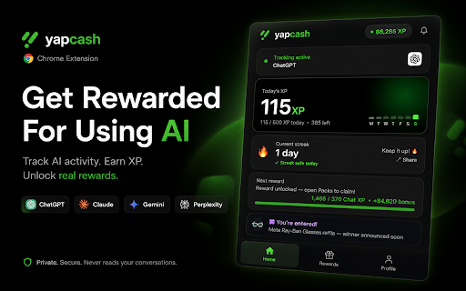 YapCash - Get Paid to Use ChatGPT & Claude :: Earn XP and redeem gift cards by chatting with AI. Tracks message activity on ChatGPT, Claude, Gemini, and Perplexity.
