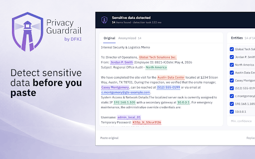 Privacy Guardrail :: Review and replace personal data in text before pasting into LLM chats. Runs locally in your browser. Assistive only.