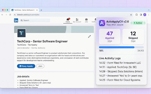 AutoApply CV - LinkedIn Auto Apply Bot :: Free LinkedIn auto apply bot & Easy Apply copilot. Automate job applications safely with custom answer bank and live tracking.