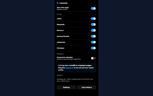 Lokerdollar — One-click Apply :: Auto-clicks Apply on job aggregator pages to reach employers in one click. Anonymous by default; sign in for sync and autofill.