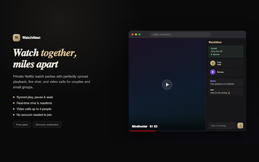WatchNest :: Watch Netflix, Disney+ & Prime together. Synced playback, live chat, camera calls & AI features. Free watch party for up to 4.