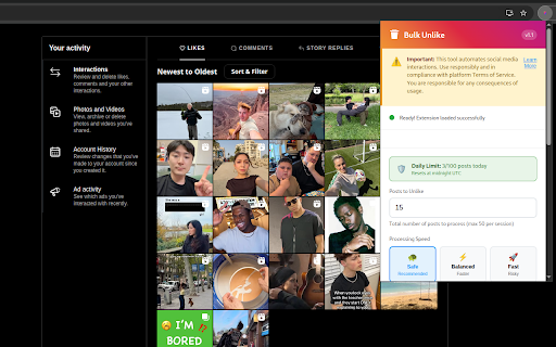 Insta Bulk Unlike :: Efficiently manage Instagram liked posts with smart batch processing, safety features, and customizable speed controls.