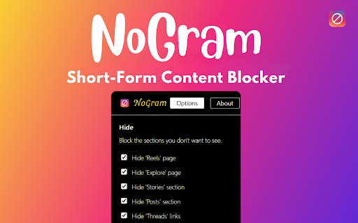 NoGram – Block Reels, Explore & Stories :: Block addictive Instagram content instantly with this extension.