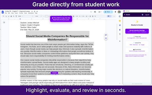 Scorae — Essay Grader for Google Docs, Canvas & Moodle :: Grade essays in Google Docs, Canvas, Blackboard and Moodle. You decide every grade. Student work is never stored. 15 free monthly.