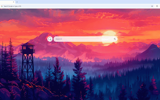 Firewatch Tower Live Wallpaper :: Solitary watchtower stands amid pine forest as crimson sunset illuminates mountain range.