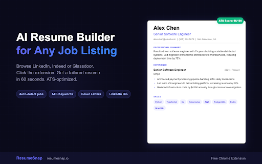 ResumeSnap – AI Resume for Any Job :: Instantly generate a tailored, ATS-optimized resume for any job listing. Works on LinkedIn, Indeed, Glassdoor & more.