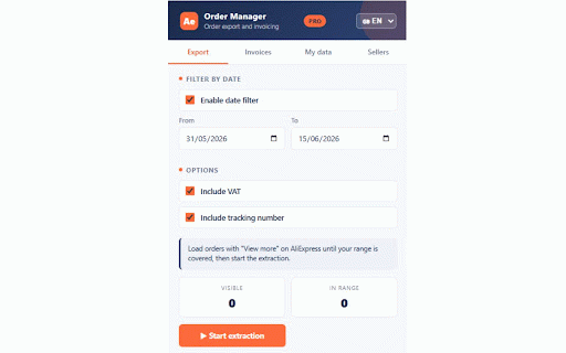 AliExpress Order Manager :: Export AliExpress orders to CSV and generate PDF invoices with VAT breakdown. Bilingual ES/EN. Freemium (Free/PRO).