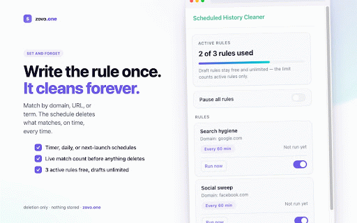Scheduled History Cleaner :: Delete history on a schedule: rules match domains, URLs, or terms and clean on a timer, daily, or at next launch. Nothing stored.