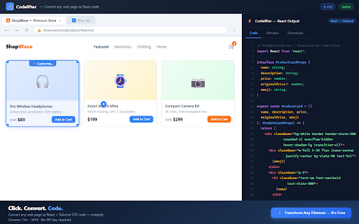 Codelifter — DOM to React + Tailwind CSS :: Convert any web page to React/Vue/Svelte + Tailwind in one click. 30 free conversions/month. Pro plan launching soon.