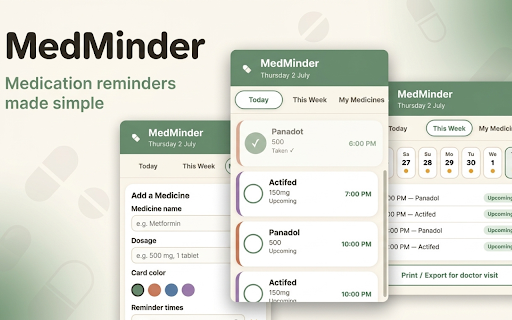 MedMinder — Medication Reminder & Tracker :: A simple, large-print medication reminder and tracker. Add your medicines, get gentle reminders, and mark them taken with one tap.