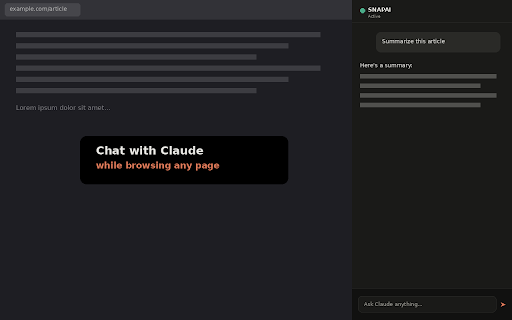SnapAI: Sidebar for Claude :: Claude AI sidebar — summarize, translate, explain any page. Right-click actions, BYOK, privacy-first.