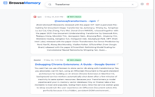 BrowseMemory :: Private semantic search for your browser history — 100% on-device, no server, no account.