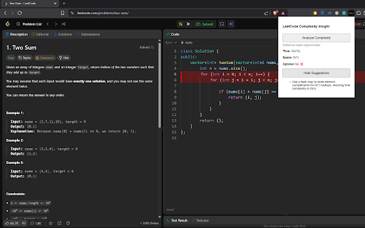 LeetCode Complexity Insight :: Analyzes time and space complexity of LeetCode problems directly on the problem page.