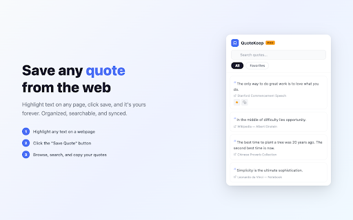 QuoteKeep — Save & Sync Quotes :: Highlight any text on the web and save it instantly. Sync across devices. 10 free quotes to start.