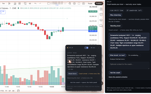 Helm — AI Trading Coach :: A read-only coach beside your TradingView chart — observes the tab you attach, coaches your discipline, and can never trade.