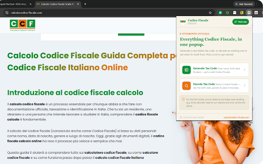 Calcolo Codice Fiscale — Toolkit :: Generate and decode the Italian Codice Fiscale (tax code) instantly from your browser toolbar.