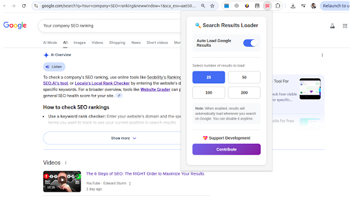 Auto Google Search 100 Results + SEO Rank :: Automatically load 100 Google search results. Enable/disable anytime.