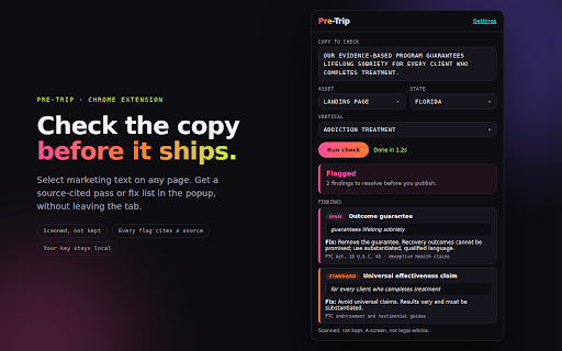 Pre-Trip Compliance :: Scan the page you are on, or your whole site, for regulated-health compliance. Source-cited pass or fix list. Scanned, not kept.