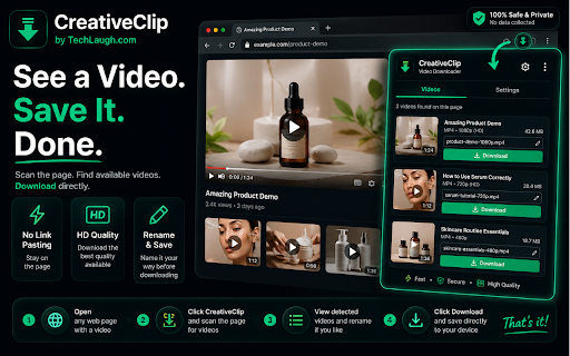 CreativeClip – HD Video Downloader & Creative Saver :: Find the videos on any page and save them in one click — full quality, no sign-up, no ads, completely private.