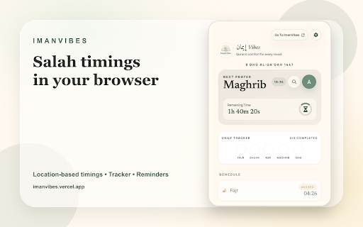 ImanVibes Salah : Prayer Times, Countdown, Reminder & Tracker :: Track daily prayers, view accurate timings, and get Salah reminders while you browse.