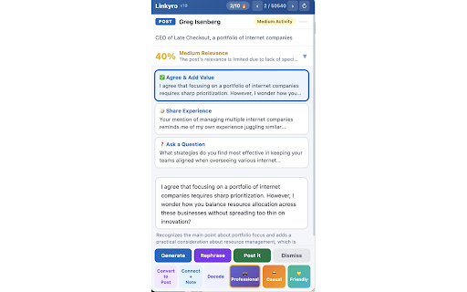 Linkyro — AI Comment Generator :: Generate thoughtful, on-brand LinkedIn comments with one click. Powered by AI.