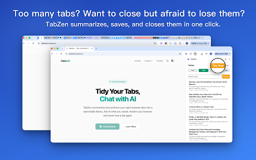 TabZen - AI Tab Archive & Tidy :: Turn cluttered tabs into a searchable AI archive. Summarize, auto-categorize, chat to recall, and close tabs without fear.