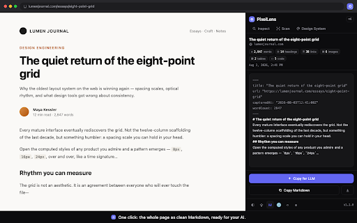 PixelLens :: Turn any web page into clean Markdown for AI, and extract its full design system: colors, type, spacing, tokens. Local, no API key.