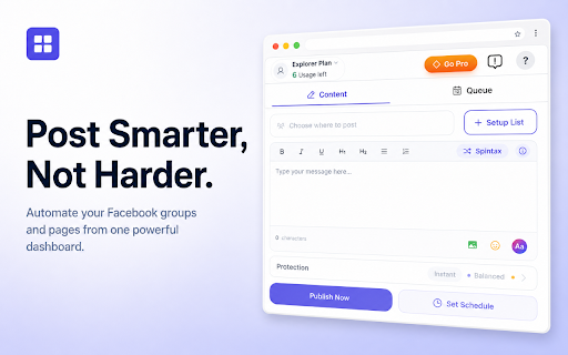 Multigroup Poster: Facebook Group Auto Poster, Bulk Scheduler & Spintax :: Facebook group auto poster: schedule & post to 50+ groups in 1 click. Spintax, smart delays. Save 7+ hours weekly. Free trial.