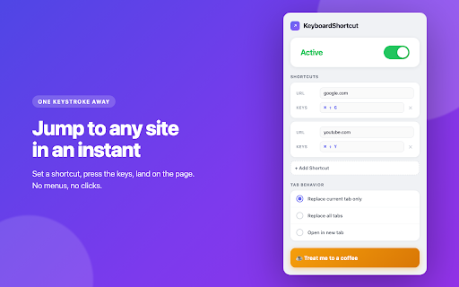 KeyboardShortcut :: Set keyboard shortcuts that instantly redirect your tabs to any website you choose.