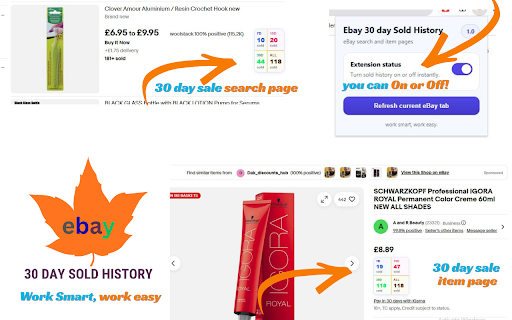 Ebay 30 day Sold History :: Shows 7, 15, 30 day and total sold history on eBay UK item and search pages.