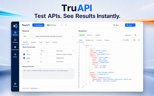 TruAPI - REST API Tester & HTTP Client :: REST API client with automatic endpoint intelligence, schema drift detection, smart comparisons, tests, and local history.