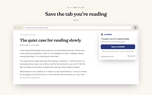 LinkWell :: Save the current tab to your LinkWell vault in one click.