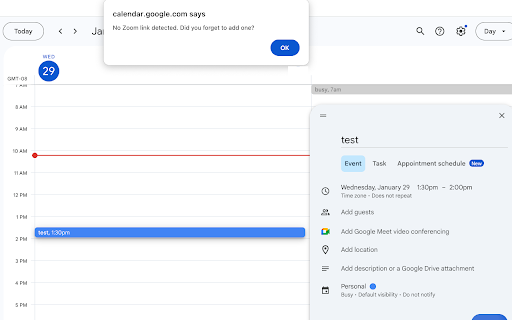 Zoom Link Checker :: Check if a Zoom link is added to the event on Google Calendar
