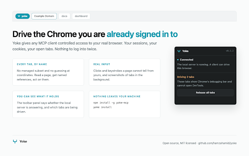 Yoke :: Let MCP clients drive your signed in Chrome by tab id: tabs, page text, trusted input, screenshots, console, network.
