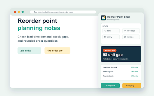 Reorder Point Snap :: Calculate reorder points, stock gaps, and rounded order quantities locally from simple inventory inputs.