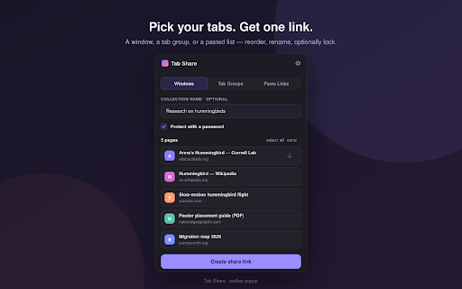 Tab Share - one link for a group of tabs :: Bundle the current window, a tab group, or pasted links into a single link that opens as a slideshow. No account, no server.