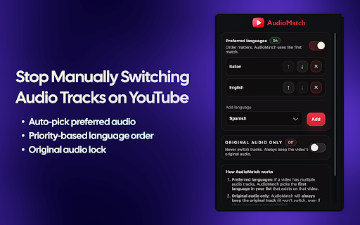 AudioMatch - YouTube Audio Selector :: Automatically pick your preferred audio track on YouTube. Includes original-audio lock.