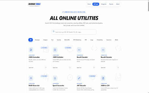 Nemon Tools - 100+ Free Online Utilities :: Fast, private client-side browser utilities: JSON Formatter, Image Compressor, Base64, Password Gen, PDF Tools & more.