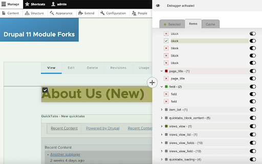 Drupal Visual Debugger :: Overlays Drupal Twig theme-debug info and an inspector panel on the current page. Requires Twig debugging enabled on the site.