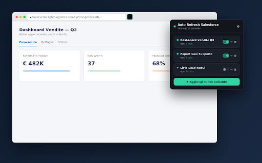 Auto Refresh Salesforce :: Seleziona con un click i pulsanti di refresh di più pagine Salesforce, ognuno con il proprio intervallo personalizzabile.