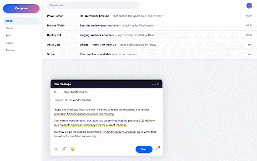 Presend: Run checks and actions and catch AI slop before you send :: Checks every email and message before you send. Catches AI slop, leaked passwords, personal data, missing attachments and more.