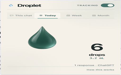Droplet: water used by your AI chats :: Estimate the water used by your AI chat usage. No data collected, no network calls.