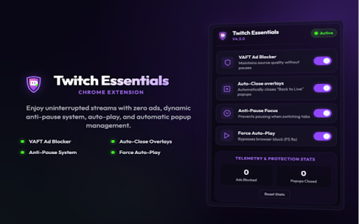 Twitch Essentials: Auto-Close & Ad Block :: Automatically blocks Twitch ads, closes 'Back to Live' overlays, and prevents pausing when switching tabs.