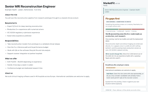 MarketFit Job Lens :: Analyse the job page you are on against your CV, with every strength, gap, and next step quoted from the source.